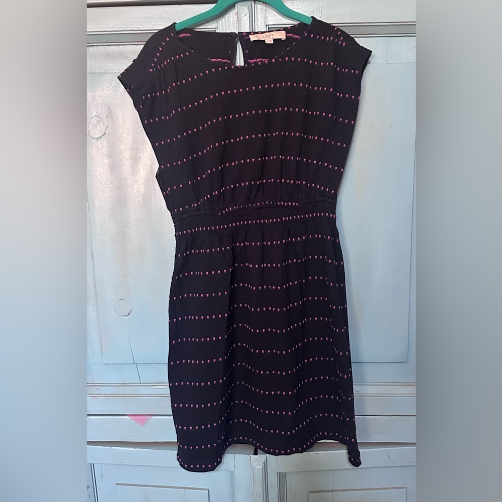 LOFT Blue  Dress with Pink Mixed Colored  Dot Stripes and Elastic Waist